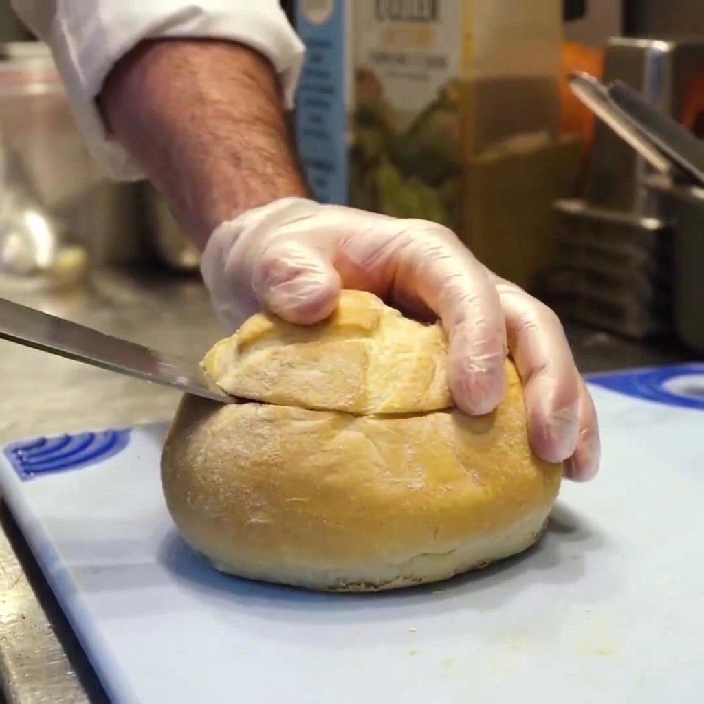A person wearing food-safe gloves using a knife to slice the top off a crusty round loaf of bread.