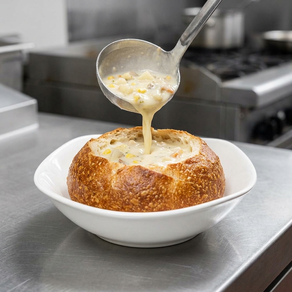 A metal ladle pouring thick, creamy clam chowder filled with potatoes and clams into a crusty bread bowl.