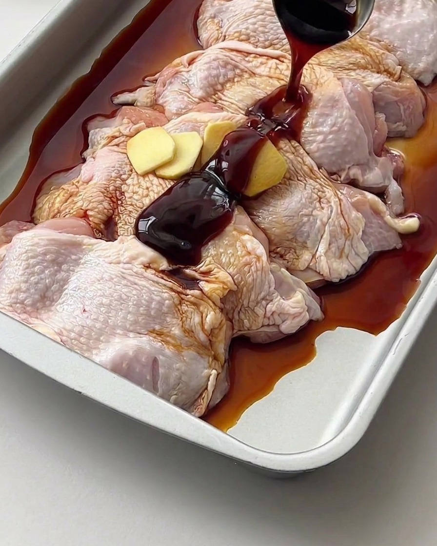 Dark soy sauce being poured from a small ladle over raw chicken thighs and ginger.