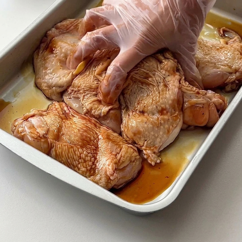 A gloved hand massaging and mixing marinade into raw chicken thighs in a tray.