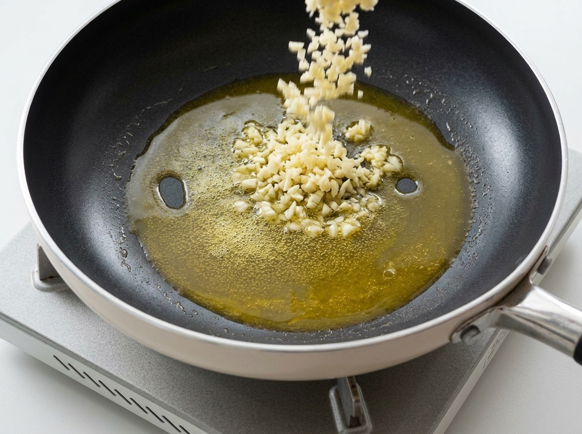 A large amount of minced garlic being poured into melted butter in a frying pan over low heat.