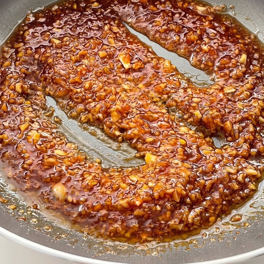 A rich, dark, and bubbly garlic and soy sauce mixture bubbling in a frying pan.