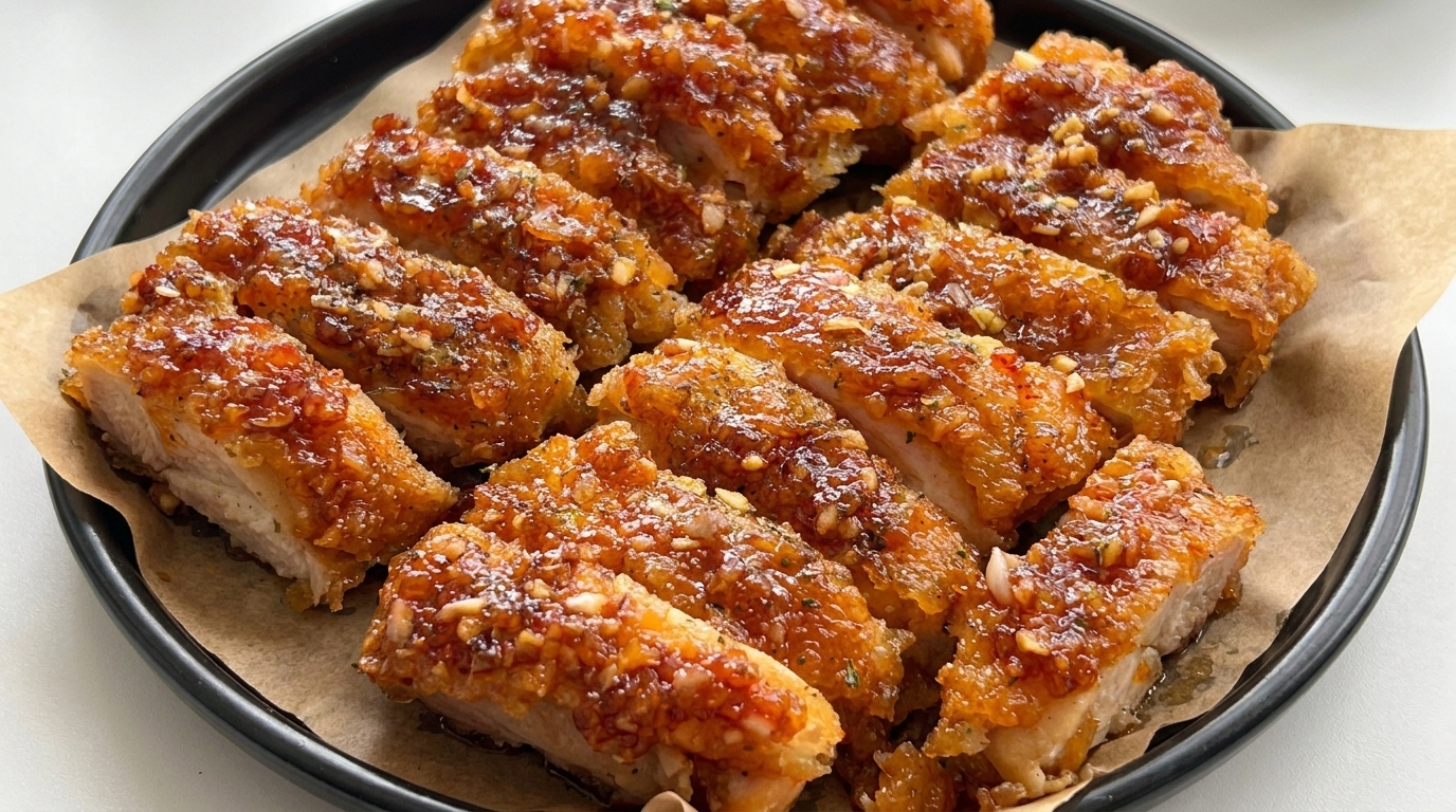 Sliced, golden-brown fried chicken coated in a sticky garlic sauce, garnished with sesame seeds and fresh garlic.
