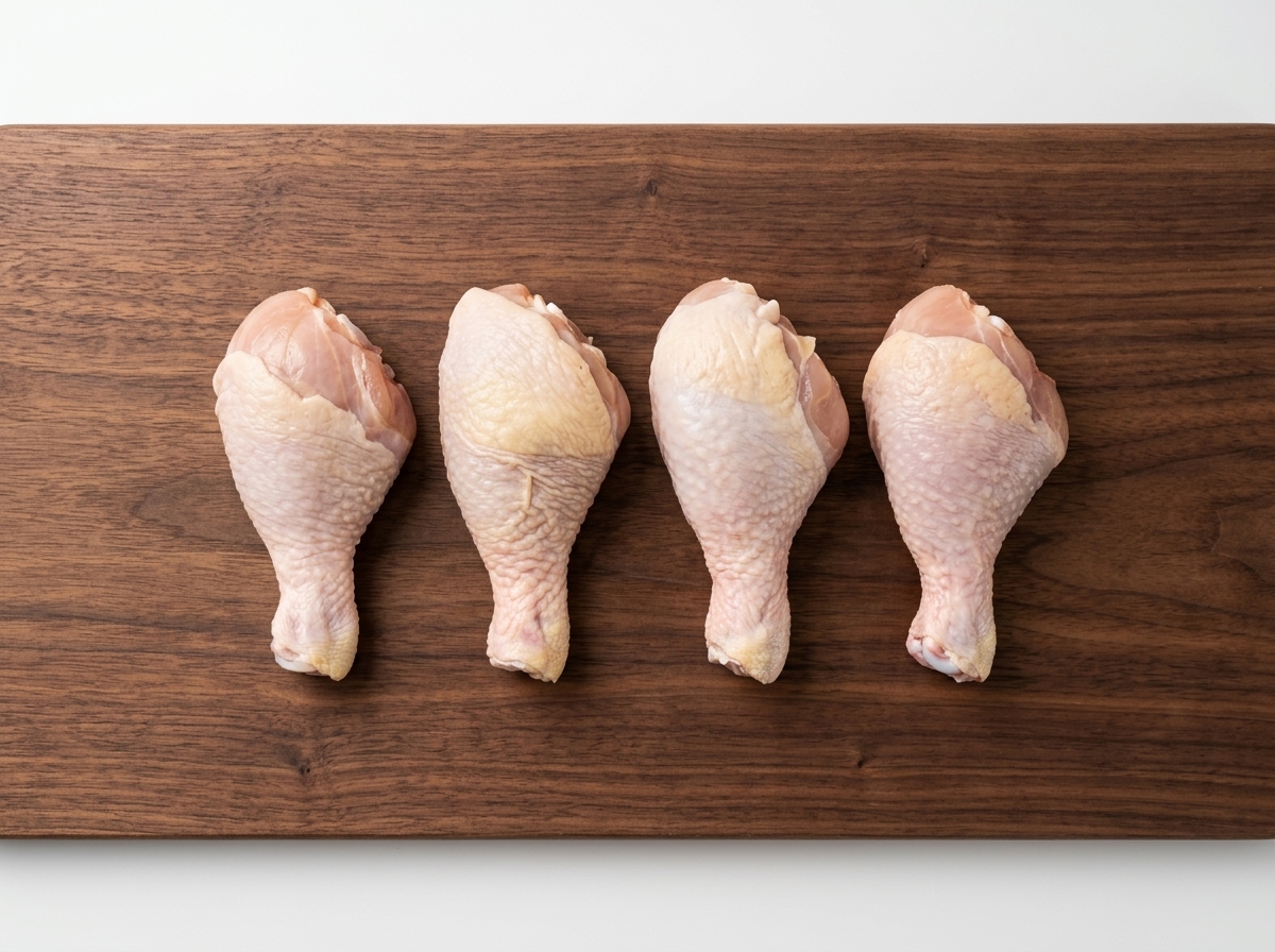 Four raw chicken drumsticks arranged neatly side-by-side on a dark wooden cutting board.