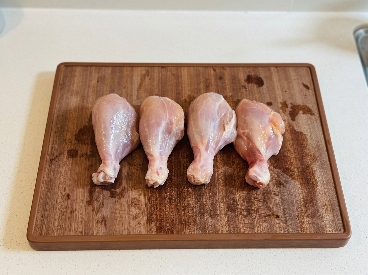 Four skinless raw chicken drumsticks resting on a brown cutting board.