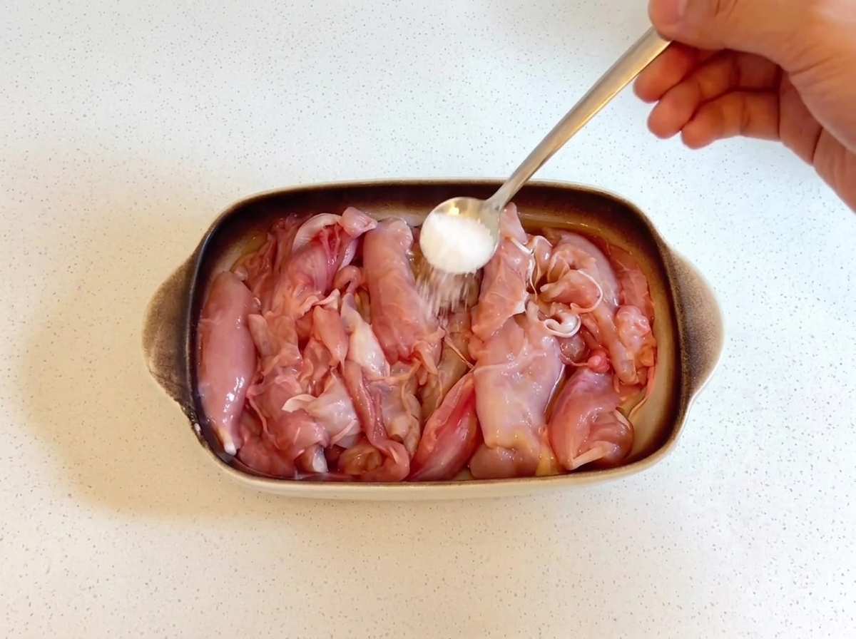A spoonful of salt being sprinkled over raw chicken pieces inside a ceramic baking dish.