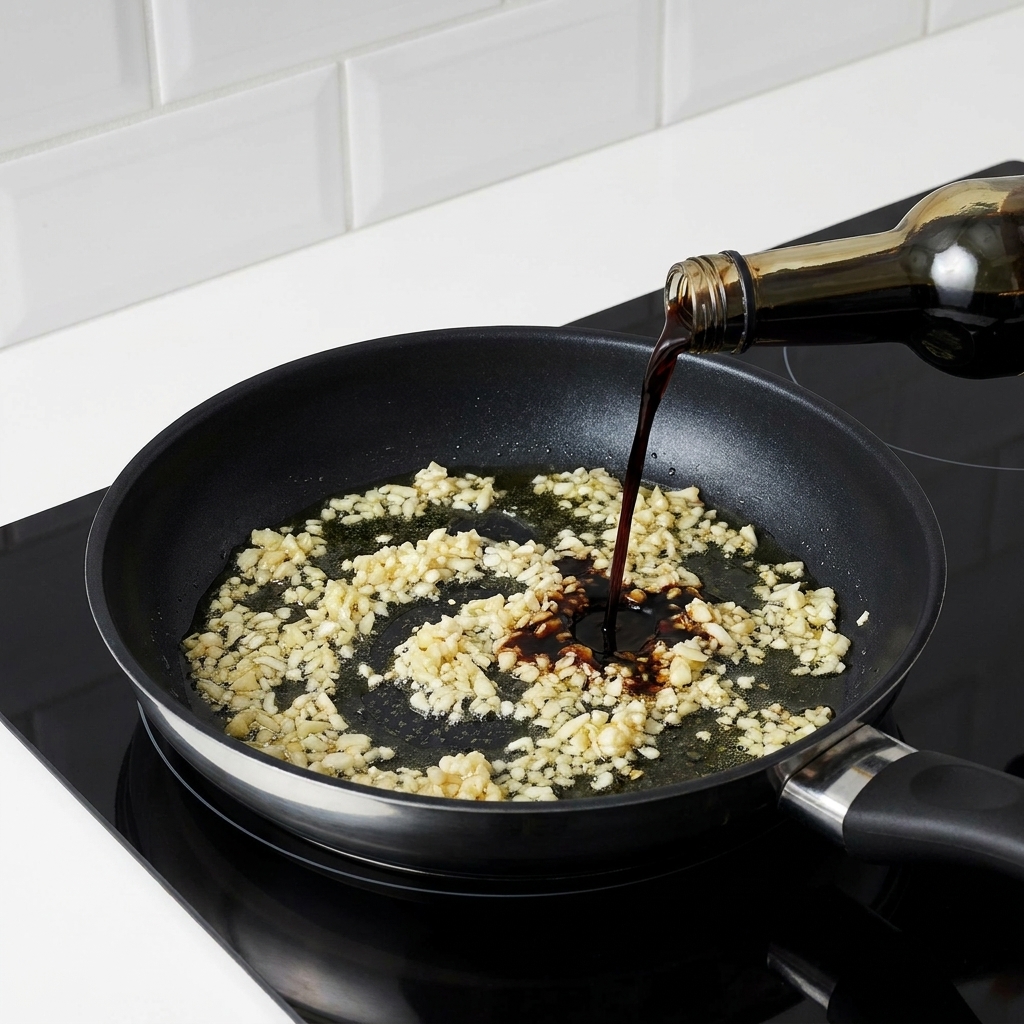 Light soy sauce being poured from a bottle into a frying pan containing sautéed minced garlic.