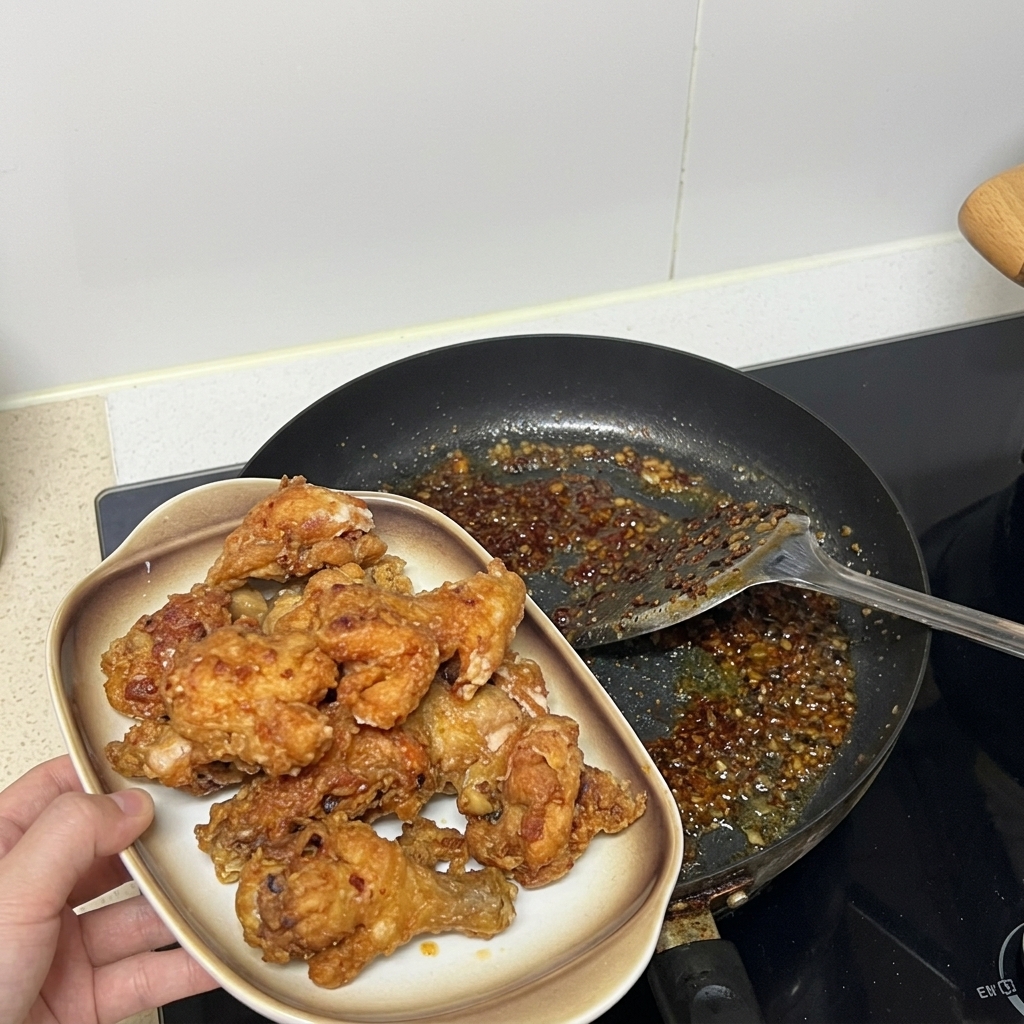 A hand holding a ceramic plate of golden fried chicken pieces next to a frying pan containing a bubbling sauce mixture.