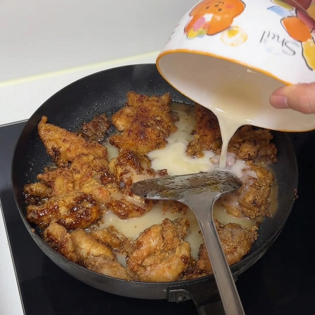 Chicken pieces simmering in a rich sauce inside a pan on high heat.