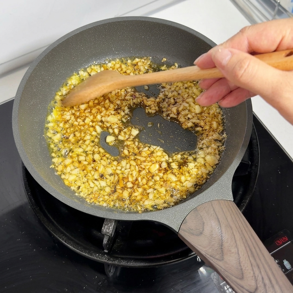 Minced garlic and butter melting and simmering in a frying pan with a wooden spoon stirring it.