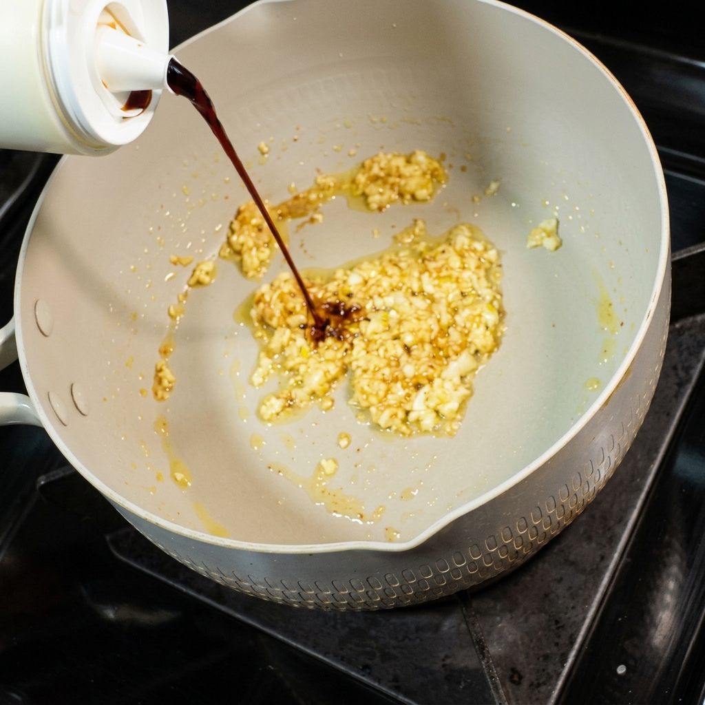 Light soy sauce being poured from a bottle into the pan with fried garlic.