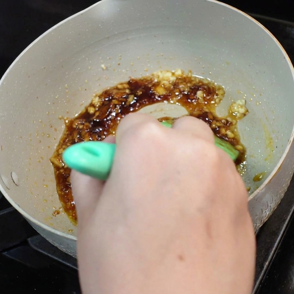 The sauce mixture being stirred thoroughly with a green spatula in the pan.