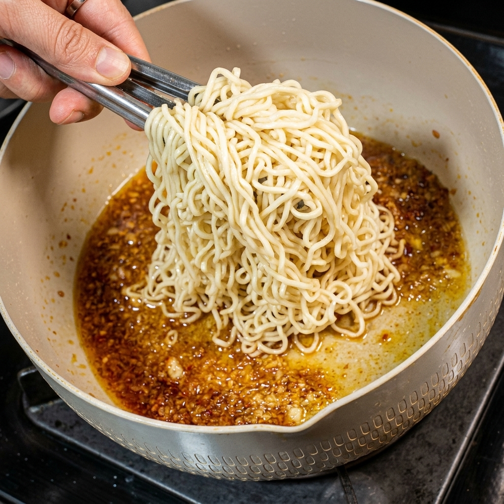 A pair of metal tongs lifting and placing cooked noodles into the pan containing the sauce.