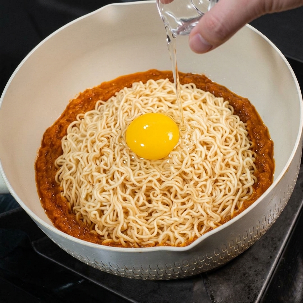 A whole raw egg being cracked on top of a mountain of noodles inside the pan.