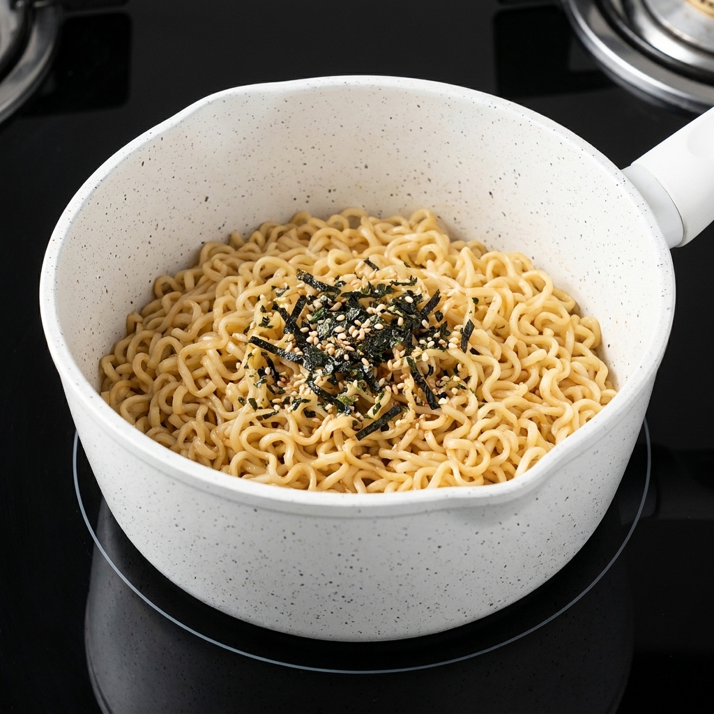 A handful of seaweed flakes and sesame seeds piled on top of cooked noodles in a white pot.