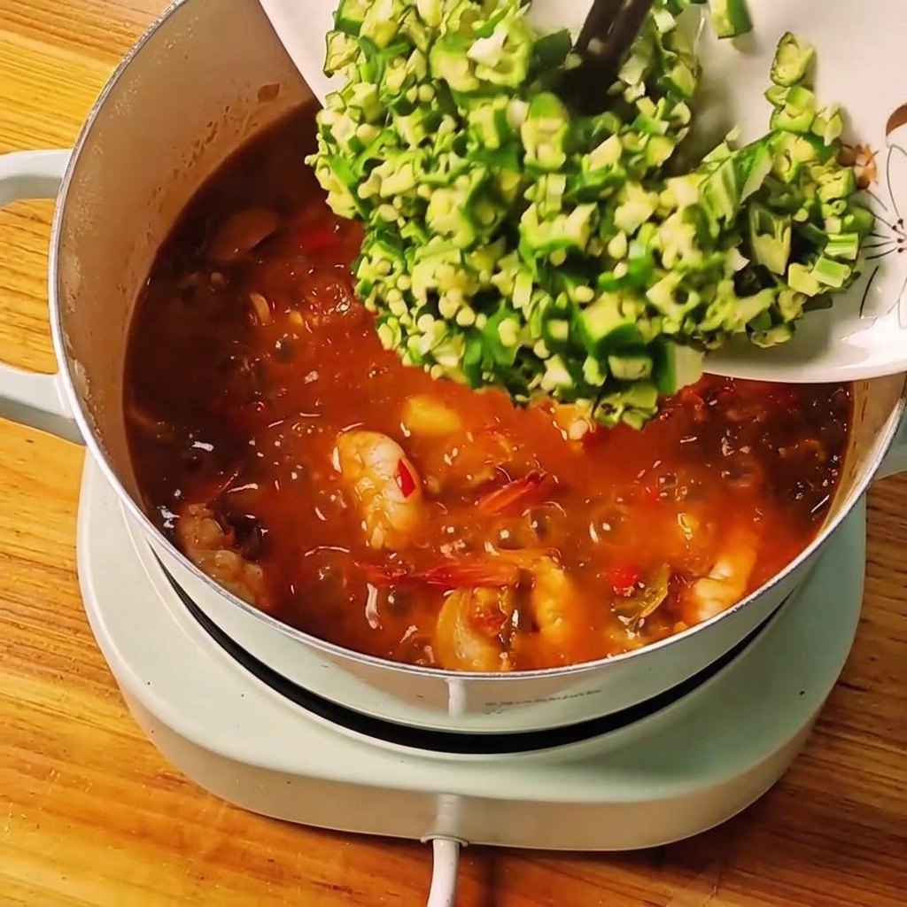 Freshly chopped green okra being slid from a white plate into the bubbling stew.