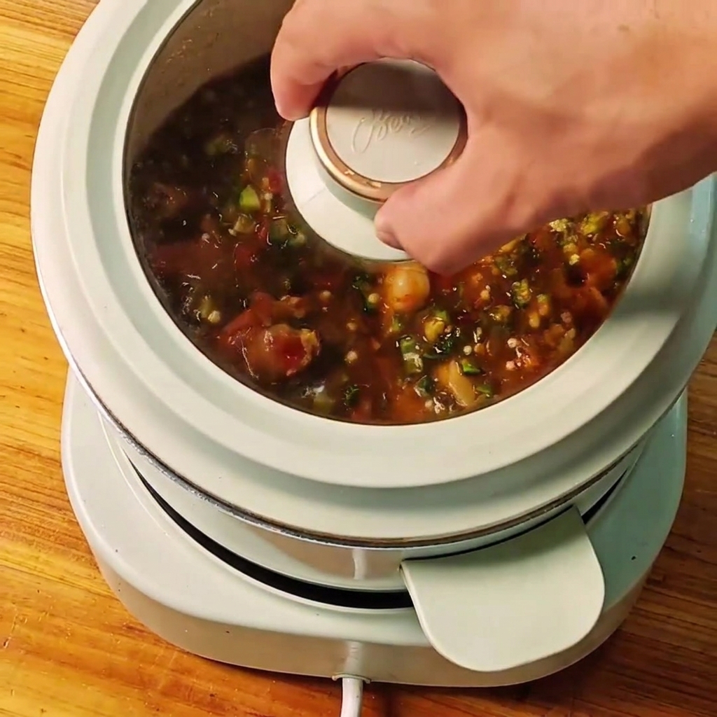 A glass lid being placed onto the white pot to let the stew simmer.