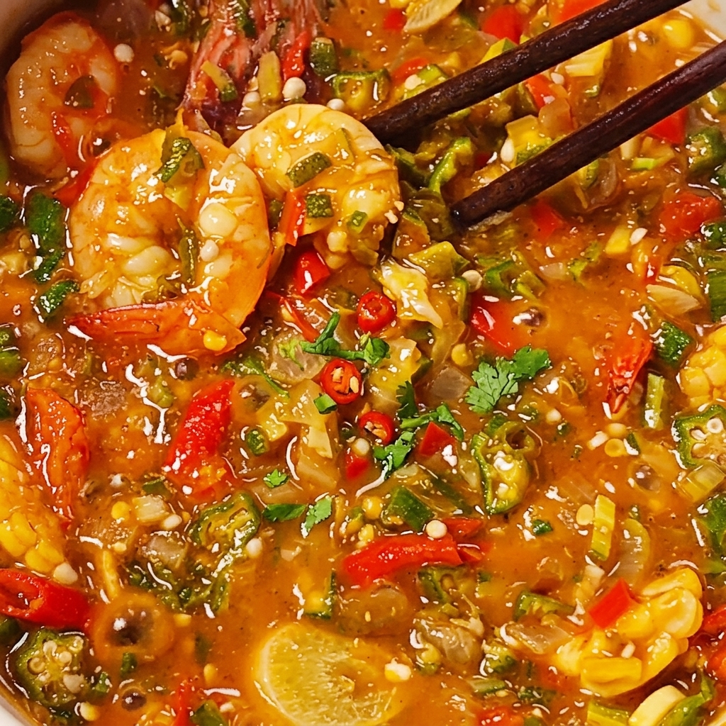 A spoonful of salt being sprinkled into the thick, cooked okra and shrimp stew for seasoning.