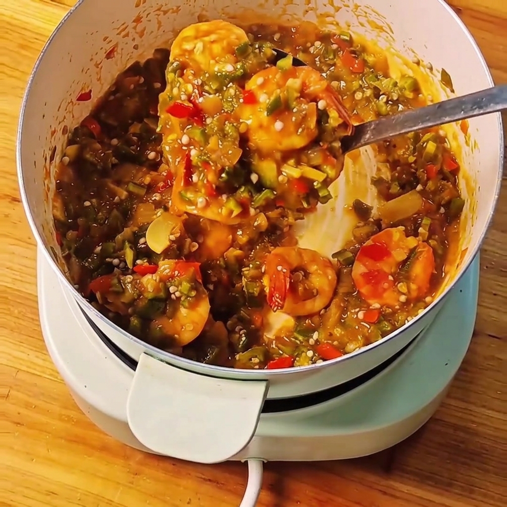 A large portion of the finished, thick okra and shrimp stew being scooped with a metal ladle from the pot.