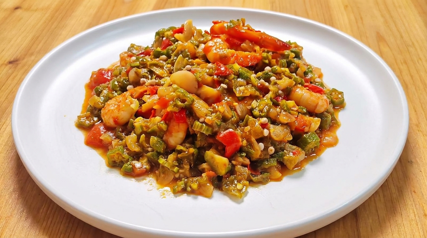 A close-up view of the finished okra and shrimp stew plated on a clean white dish, showing chunks of green okra, red tomatoes, and pink cooked shrimp.cite: 1