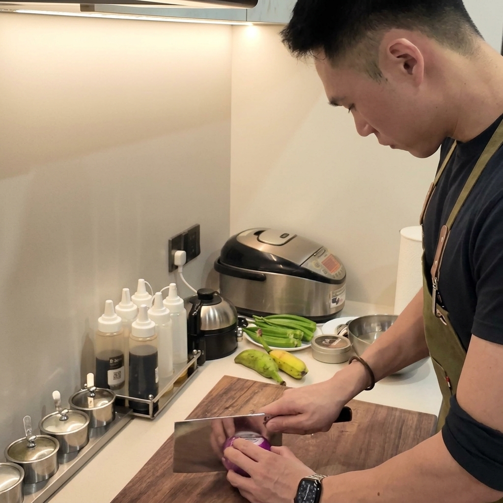 A person using a cleaver to dice a red onion on a wooden cutting board.