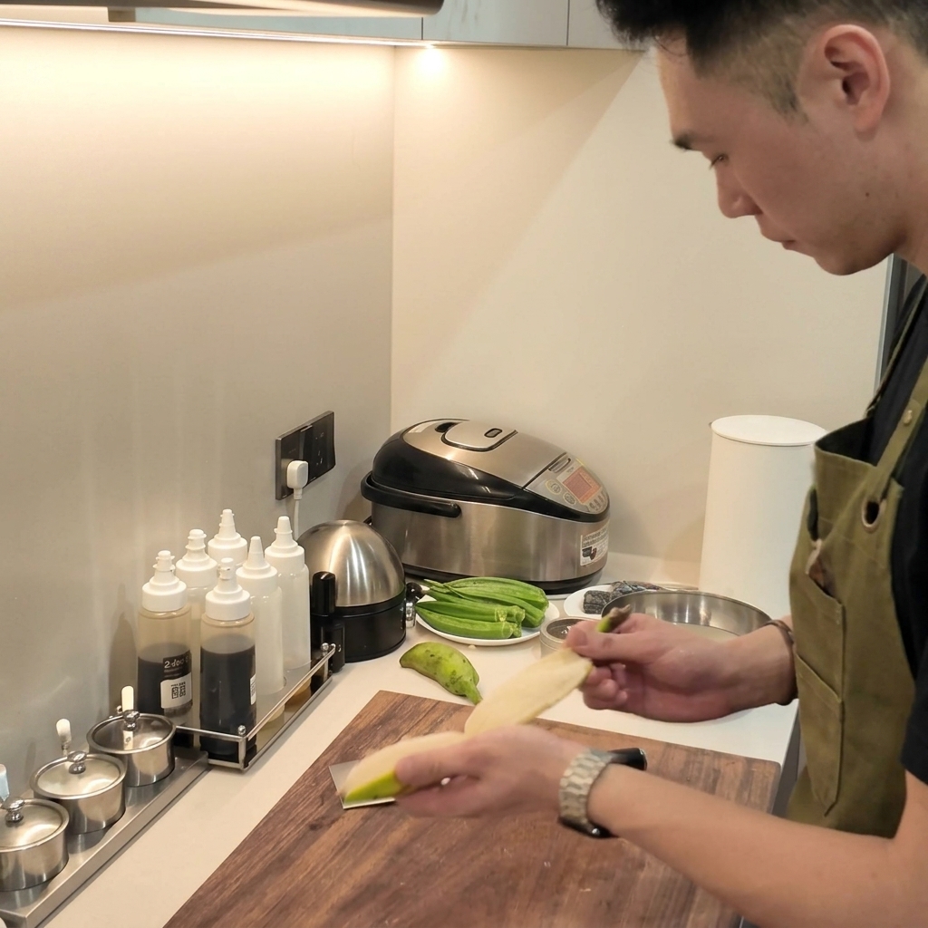 A pair of hands slicing a peeled raw plantain into thick chunks on a cutting board.