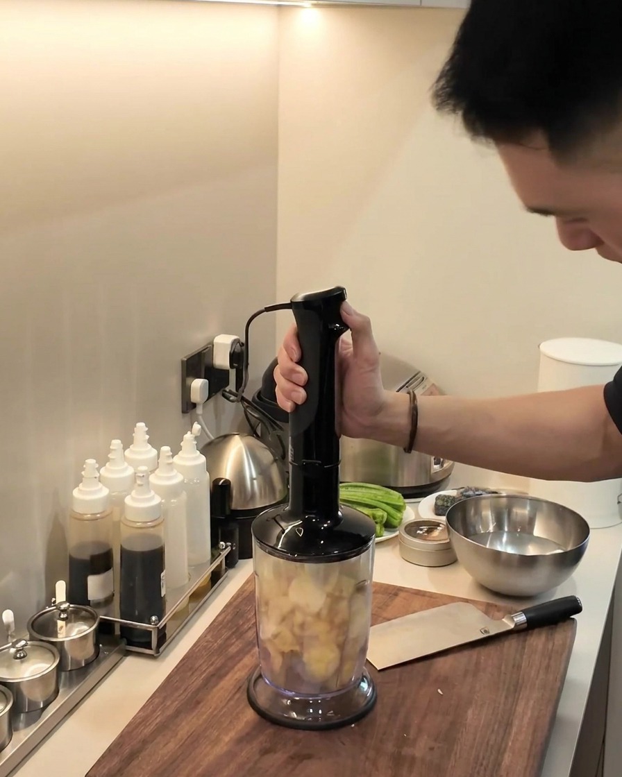 A person pouring a small amount of water into the blender pitcher with ingredients.