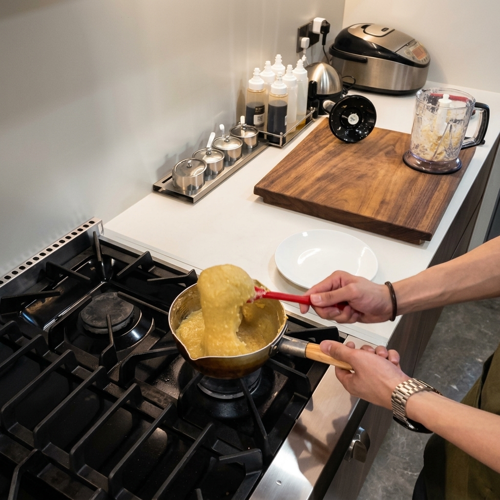 A person vigorously stirring thick, sticky fufu dough in a saucepan with a bright red spatula.