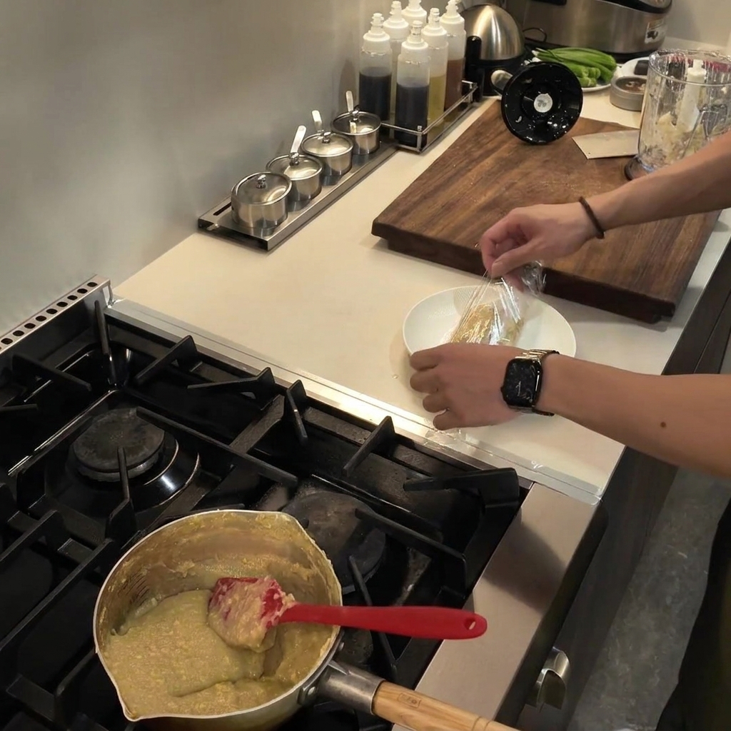 Hands shaping and wrapping a block of freshly cooked fufu tightly in clear plastic film on a white plate.