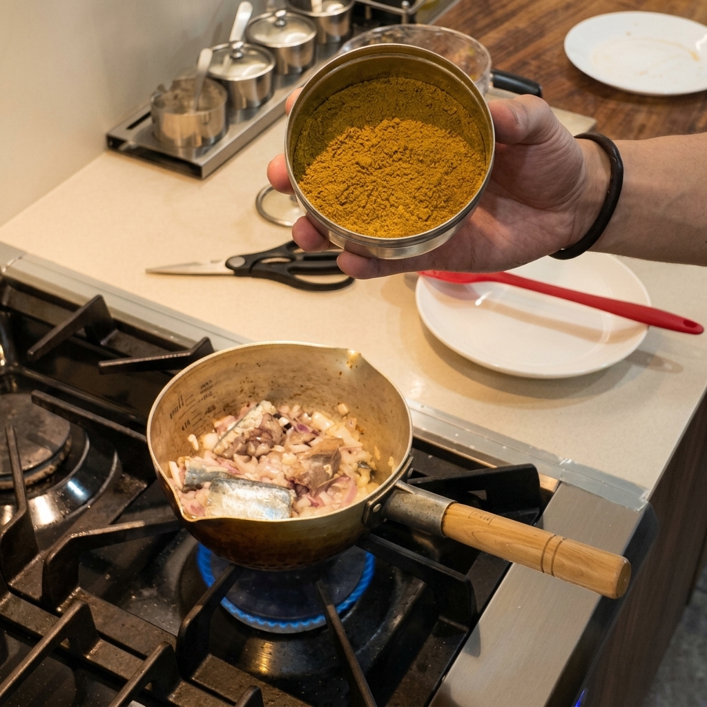 A hand holding a bowl of yellow fish masala spice powder above a cooking pot filled with fish and onions.