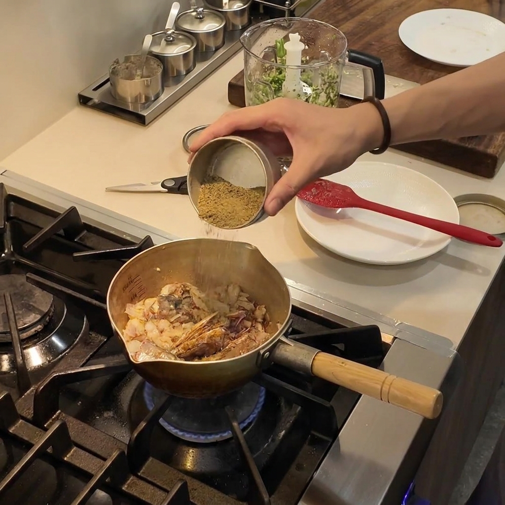 Water being poured from a small metal container into a cooking pot with seasoned fish and onions.