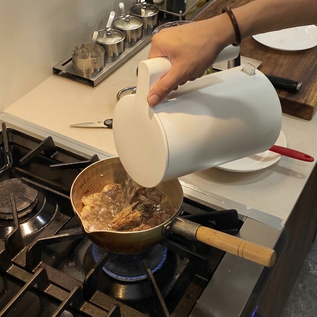 A white container pouring dark red chili oil into a simmering pot of broth on the stove.