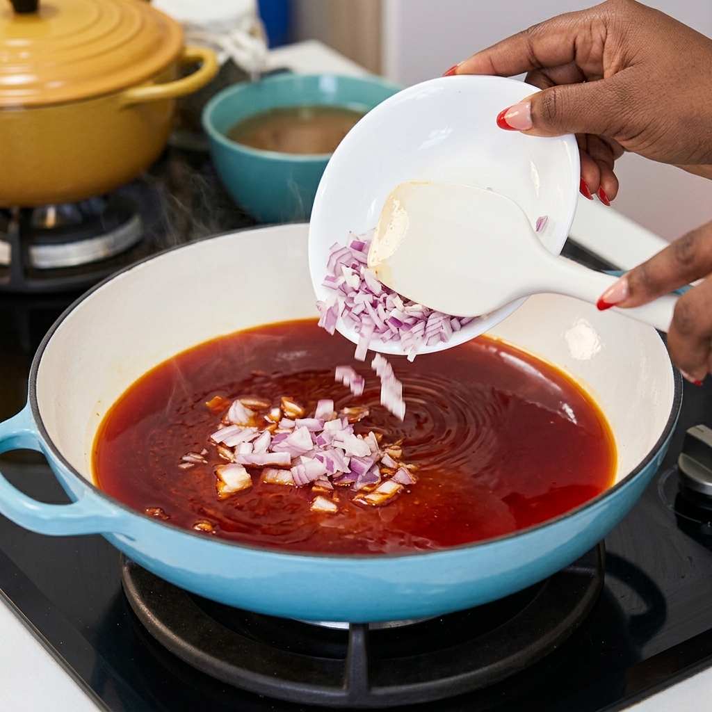 Diced red onions being added from a white dish into a pan filled with vibrant red chili oil.