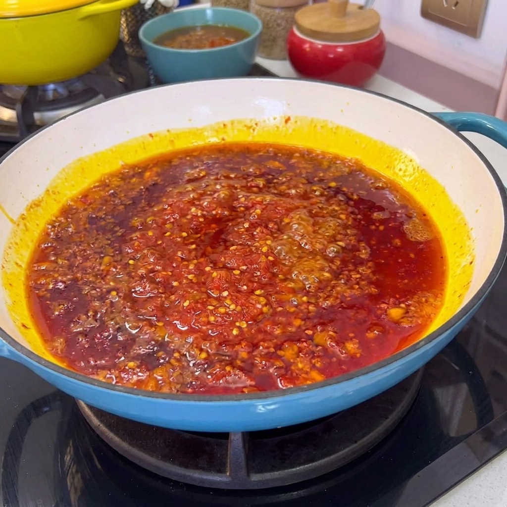 Red chili sauce simmering and bubbling in a pan with oil and onions.