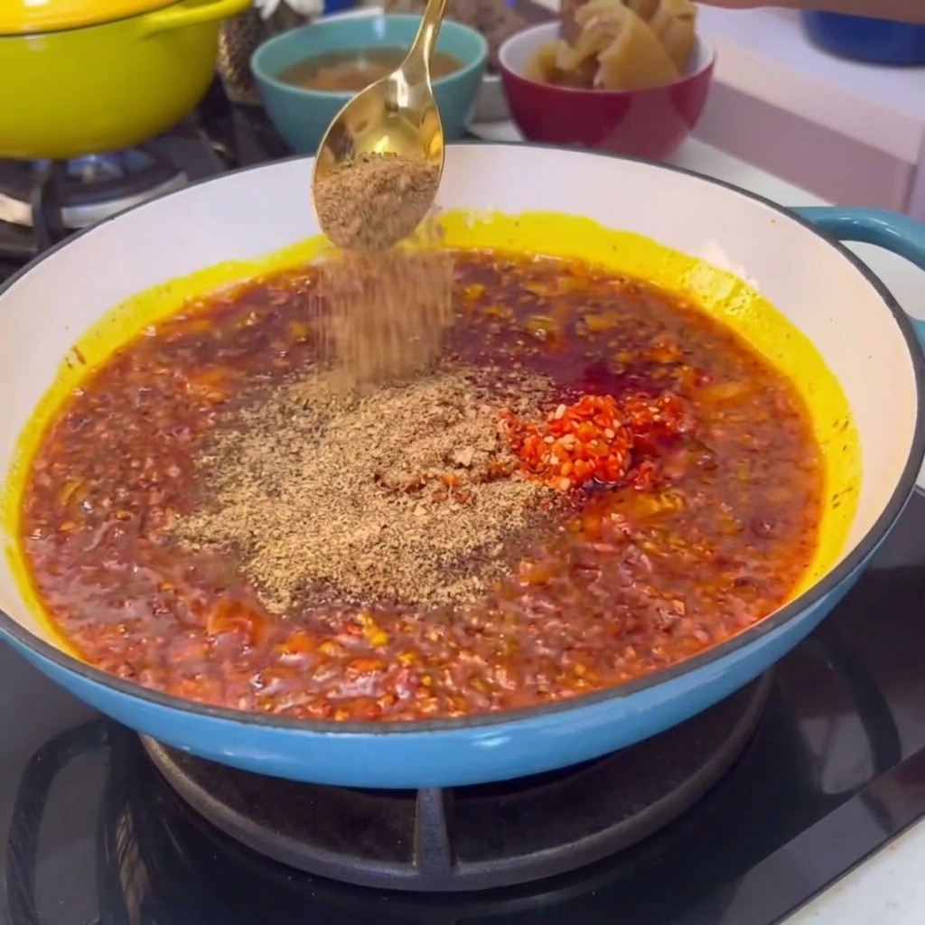 A spoonful of powdered spices being sprinkled over bubbling red chili sauce in a pan.