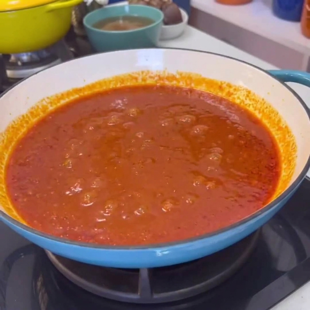 A large plate of cooked pork skin being poured and mixed into a vibrant red chili sauce in a blue pot.