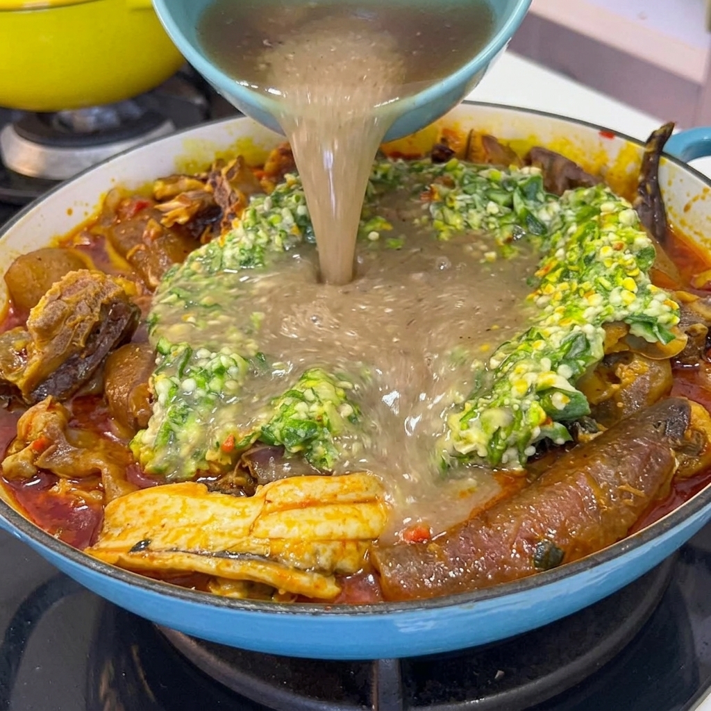 Rich brown beef bone broth being poured from a bowl into a large cooking pot containing okra and meats.