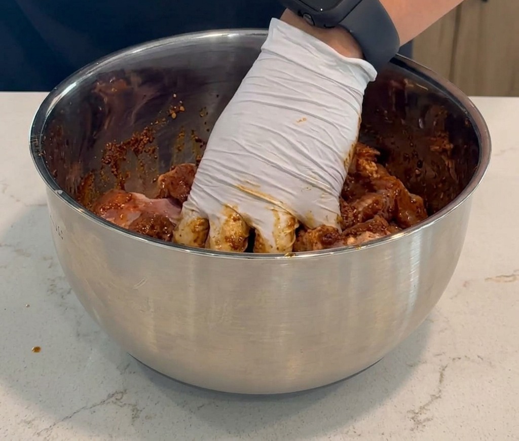 A hand wearing a white glove mixing raw chicken pieces with red marinade and spices in a metal bowl.