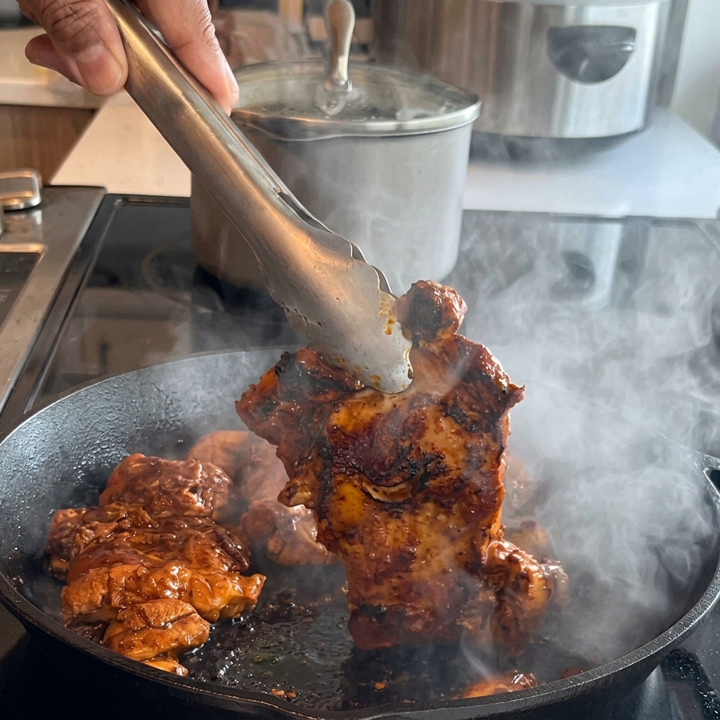 Tongs lifting and flipping a heavily browned and seared chicken thigh in a steaming hot black skillet.