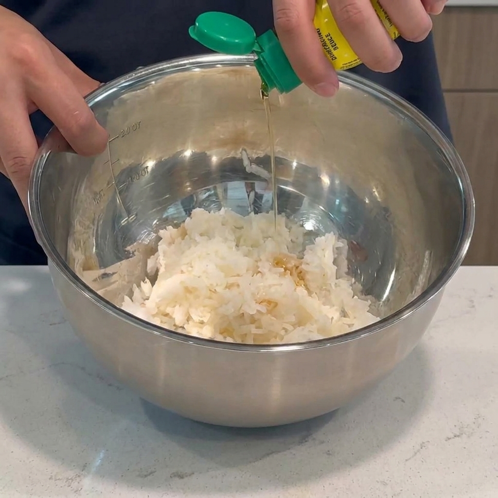 A stream of oil being poured from a green-capped squeeze bottle onto cooked white rice inside a large stainless steel bowl.
