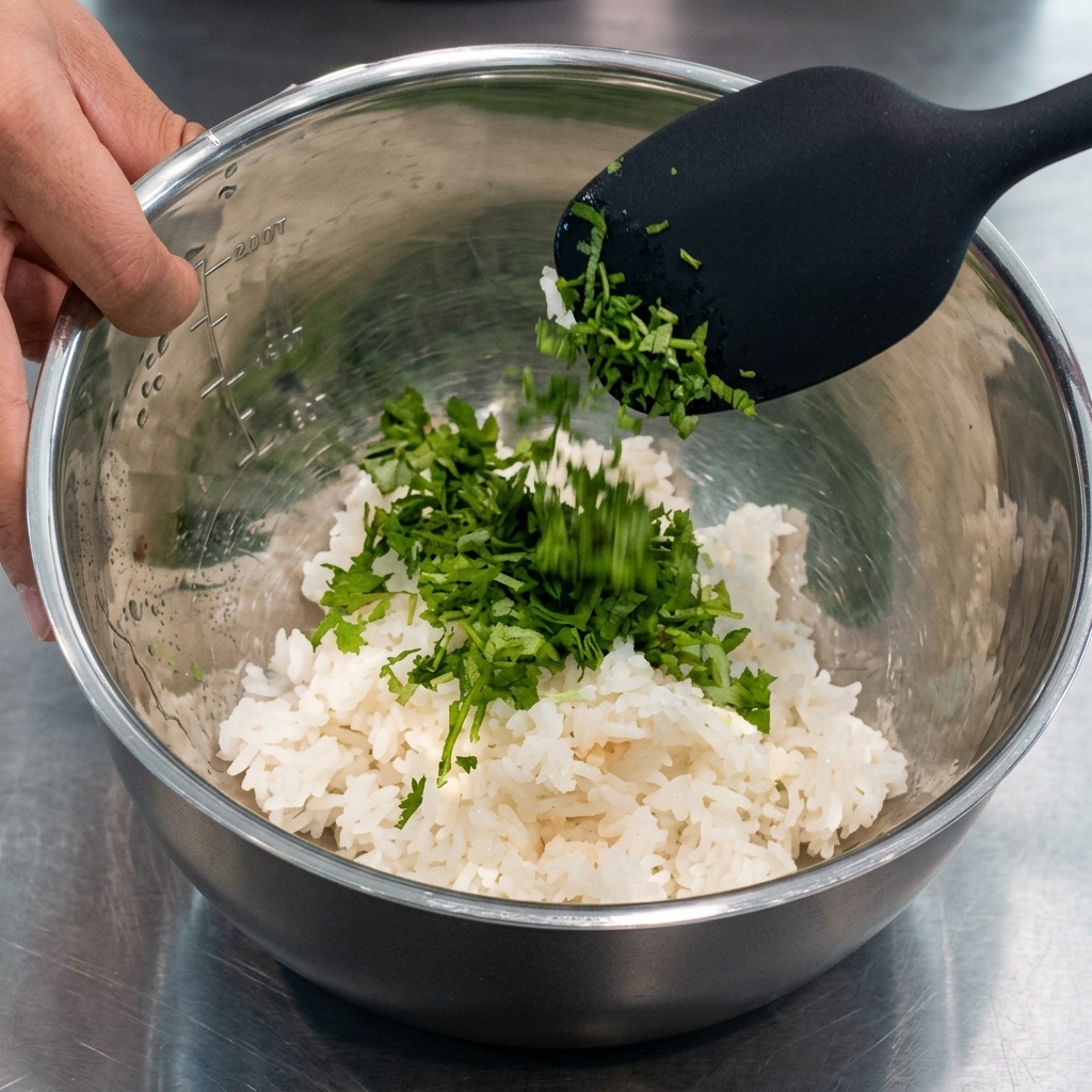 Chopped fresh cilantro being dropped from a black spatula onto seasoned white rice inside a metal mixing bowl.