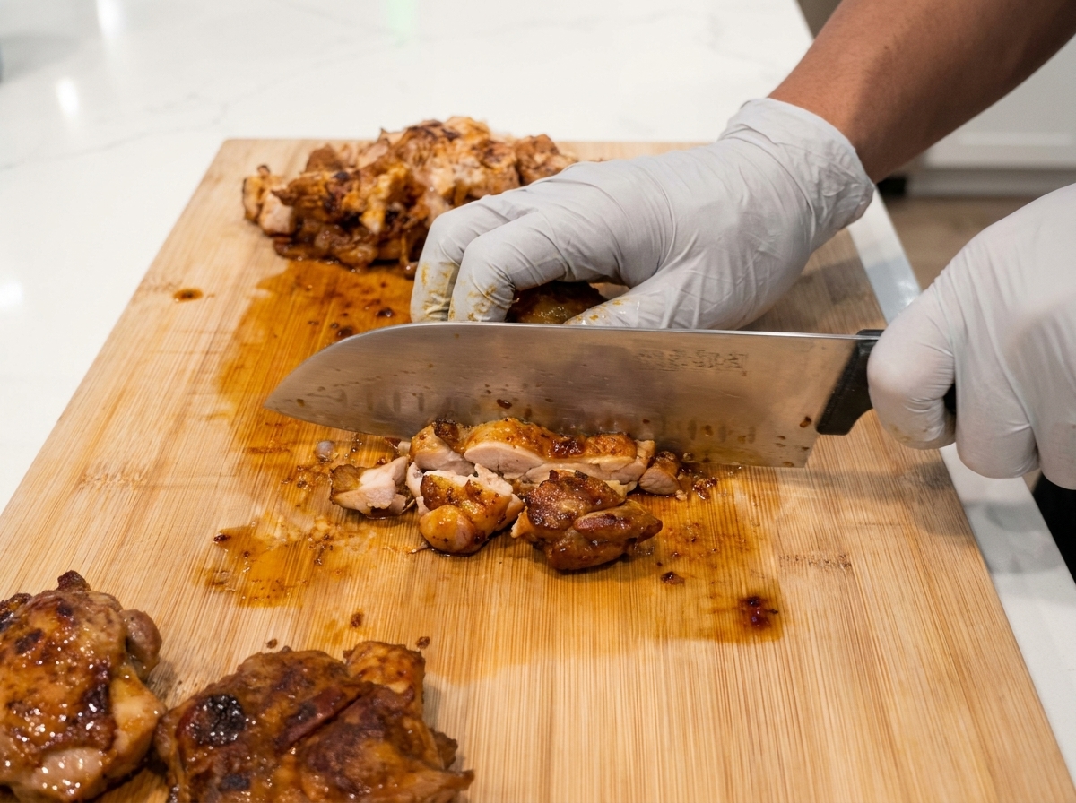 Gloved hands using a large chefs knife to slice cooked brown chicken thighs into bite-sized pieces on a wooden cutting board.