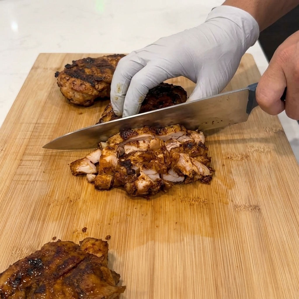Dark honey adobo sauce being poured over diced cooked chicken in a stainless steel mixing bowl.