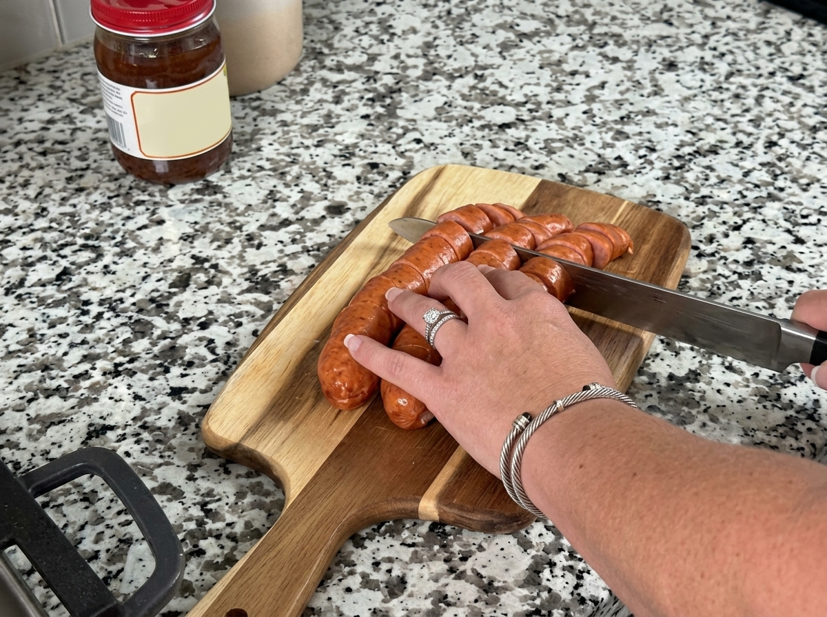 Slices of andouille sausage being cut on a wooden cutting board with a knife.