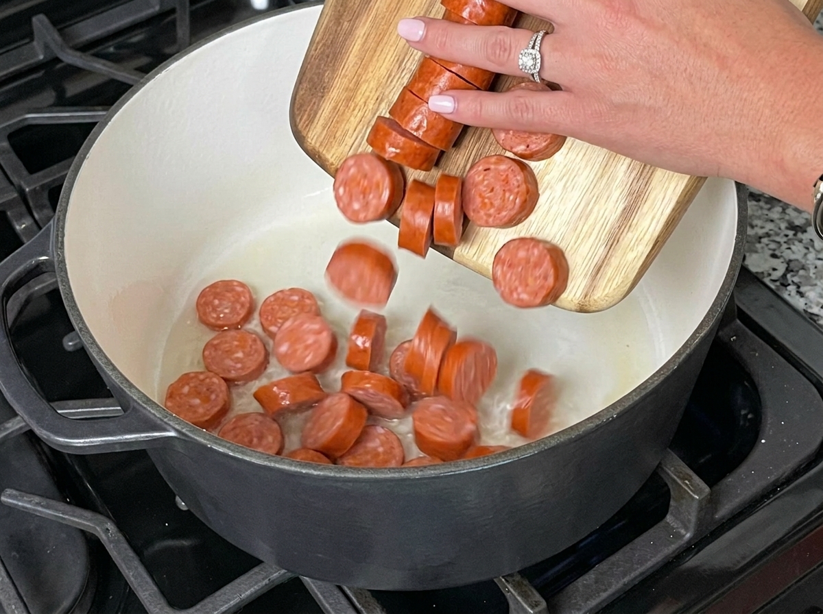 Sliced andouille sausage being poured from a wooden cutting board into a heated pot with melted fat.