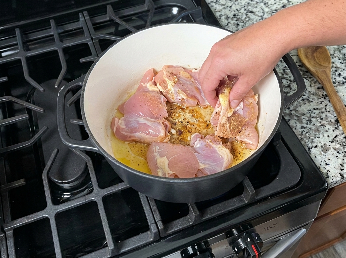 Seasoned raw boneless, skinless chicken thighs being placed into a pot to brown.