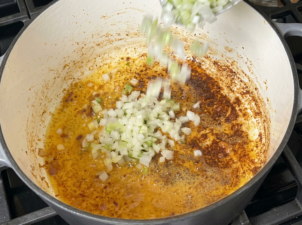 Diced onions, celery, and bell peppers being added to a pot with browned bits on the bottom.