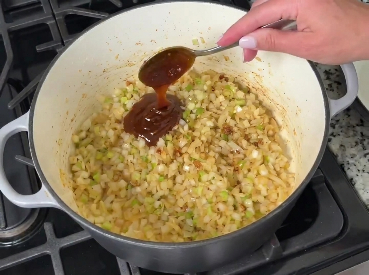 A spoonful of dark jarred roux being stirred into cooked diced vegetables in a pot.