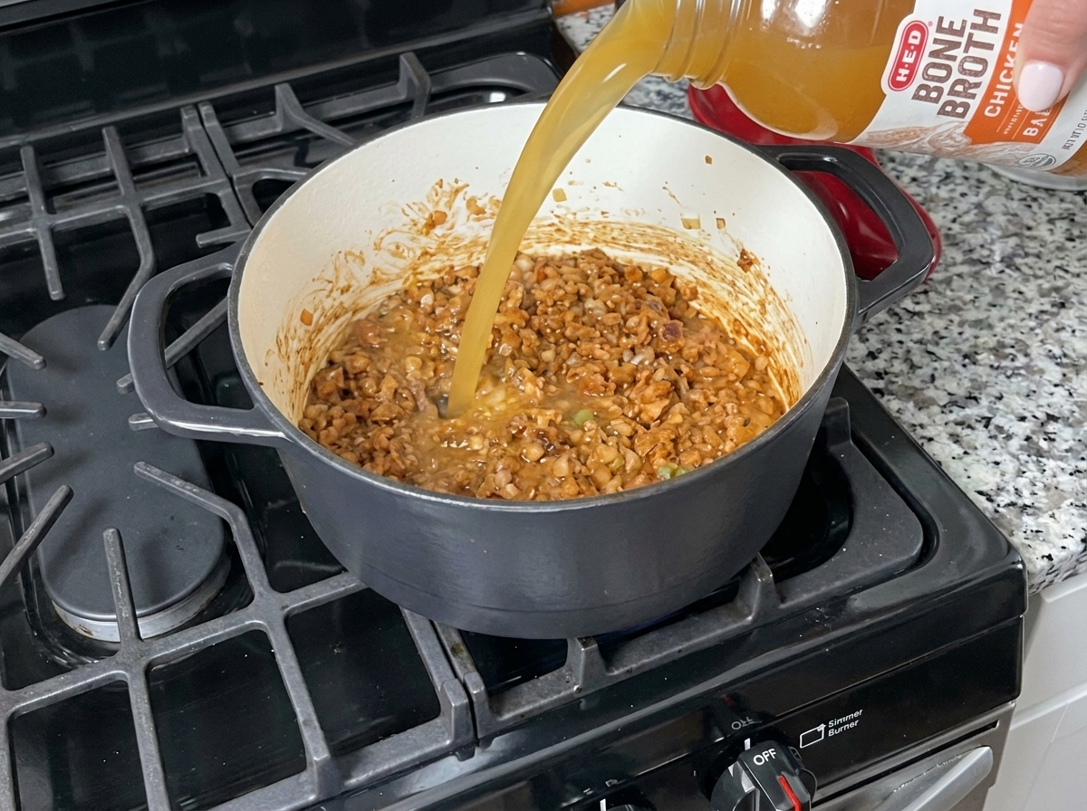 Chicken bone broth being poured from a bottle into a pot containing a dark roux and vegetable mixture.