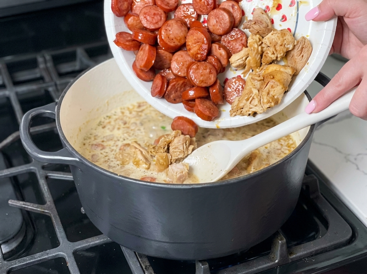 Browned chicken pieces and sausage slices being poured from a paper plate into a pot of gumbo.
